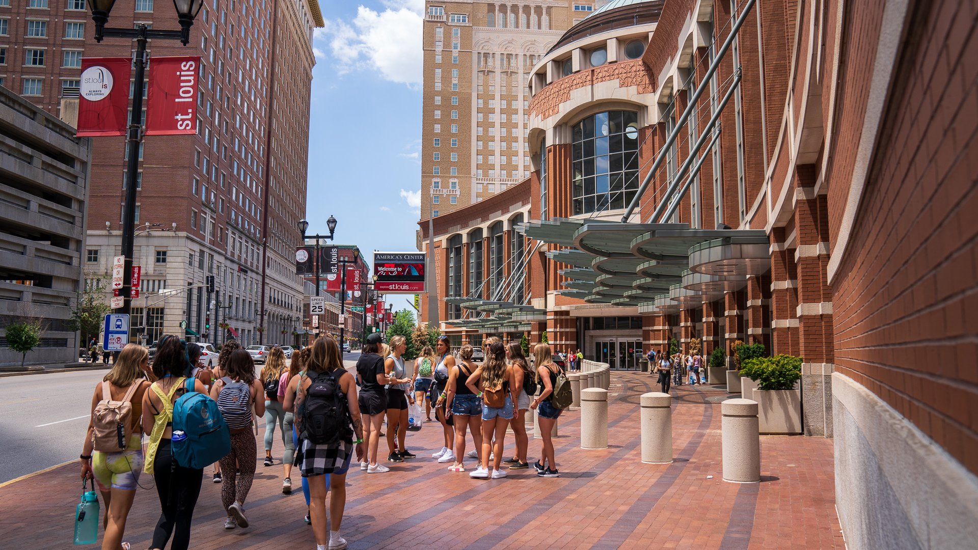 Attendees outside the Washington Avenue entrance of America's Center.