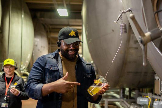A guest takes the Budweiser Brewery Experience Finisher Tour
