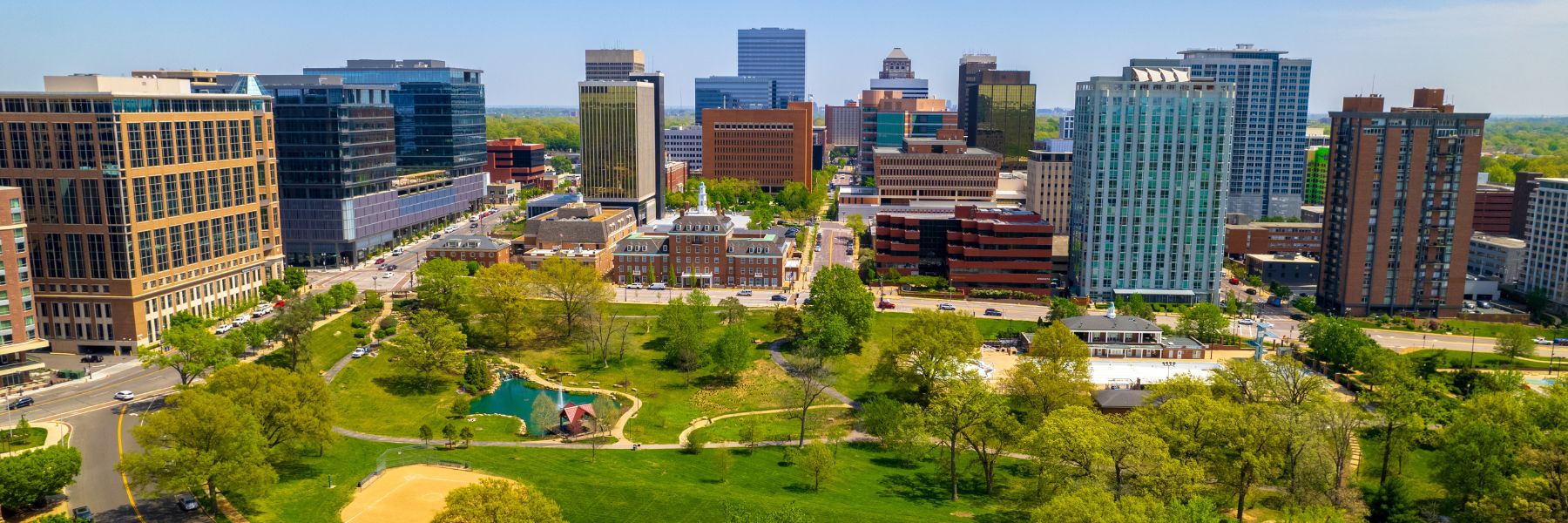 The skyline of Clayton gleams with high-rises.