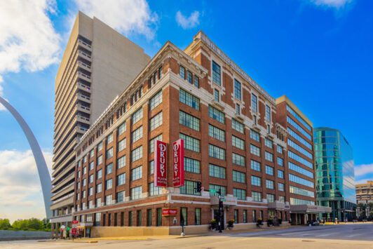The exterior of the Drury Plaza Hotel St. Louis at the Arch.