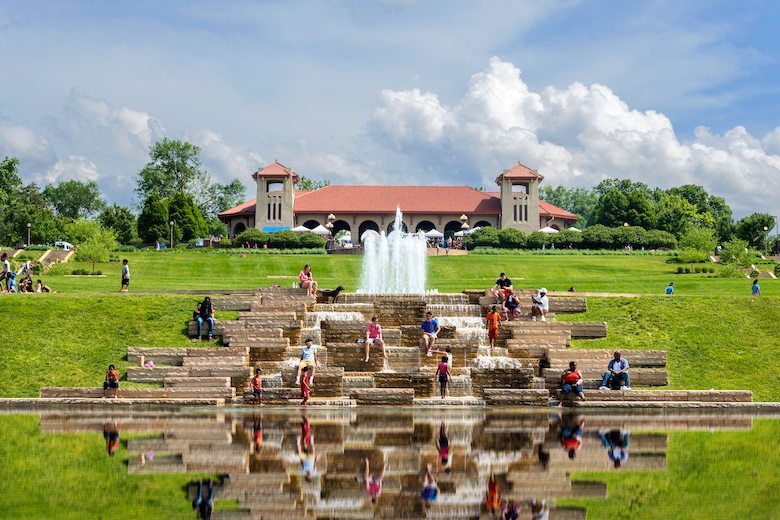 People gather at the World's Fair Pavilion in Forest Park.