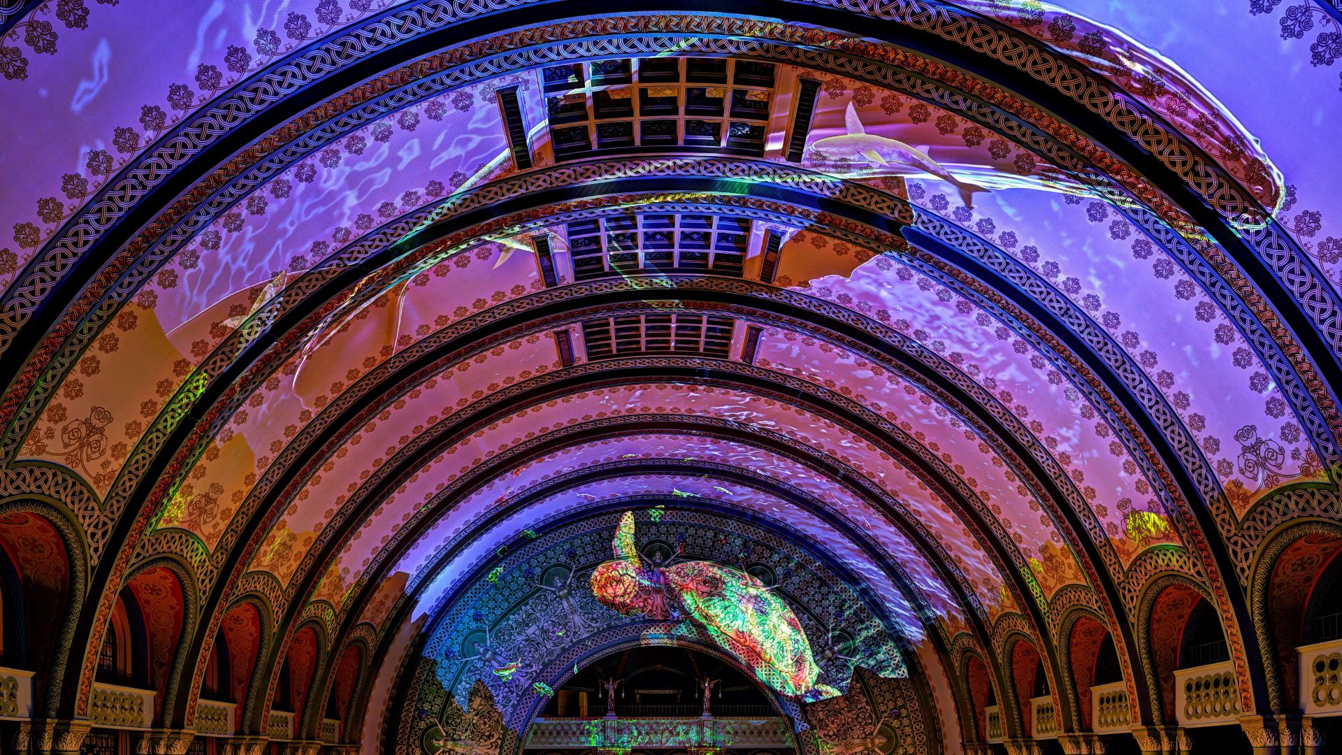A whale dances across the ceiling of the Grand Hall during a light show at St. Louis Union Station.