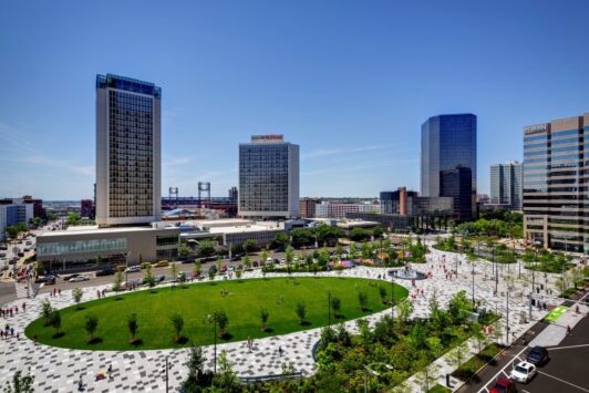 An aerial view of Kiener Plaza in downtown St. Louis.