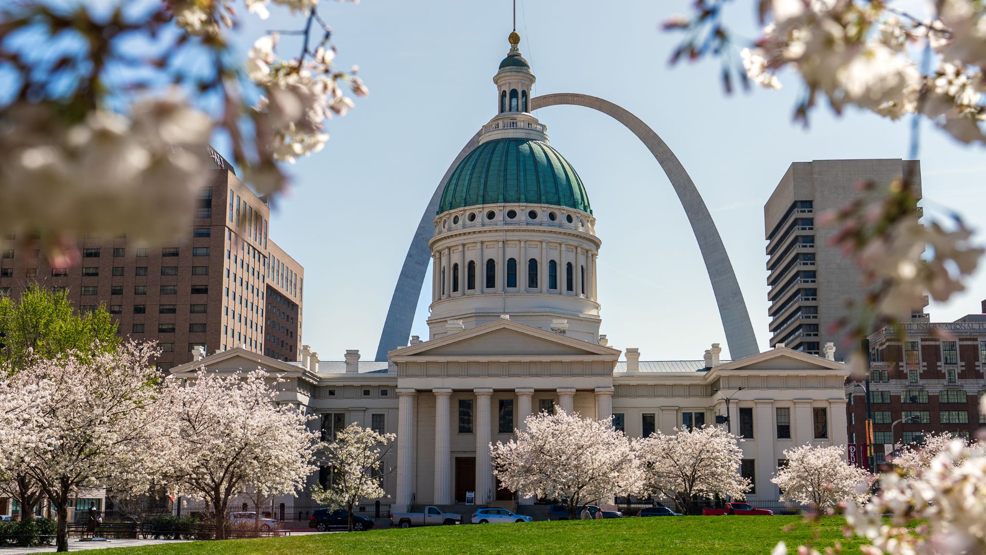 Spring blooms frame the Old Courthouse with the Gateway Arch in the background.