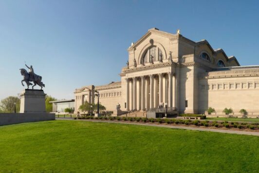 The Apotheosis of St. Louis, a statue representing King Louis IX of France, dominates the area in front of the Saint Louis Art Museum.