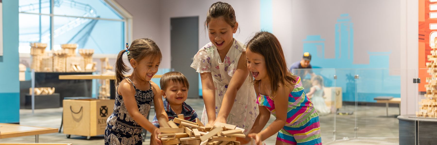 Kids play with building blocks at the Saint Louis Science Center, a free attraction in St. Louis.