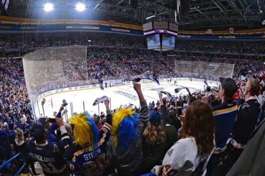 Fans cheer on the St. Louis Blues at Enterprise Center.