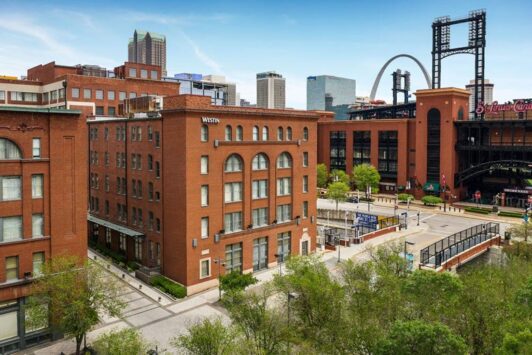 The exterior of the Westin St. Louis next to Busch Stadium.