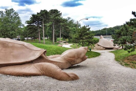 At Turtle Playground, kids of all ages can climb on the giant concrete reptiles.