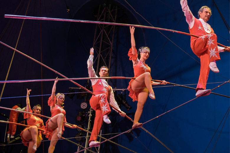 Tightrope-walkers from Circus Flora perform at The Big Top in St. Louis.